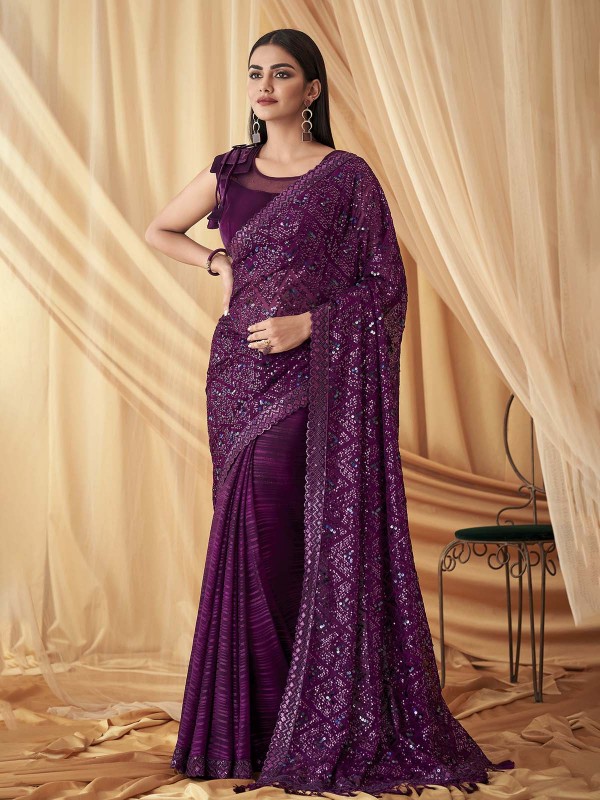 Plum Georgette And Satin Pattern Saree